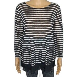 Lauren Ralph Lauren Large Womens Linen Lightweight Black Striped Long Sleeve Top
